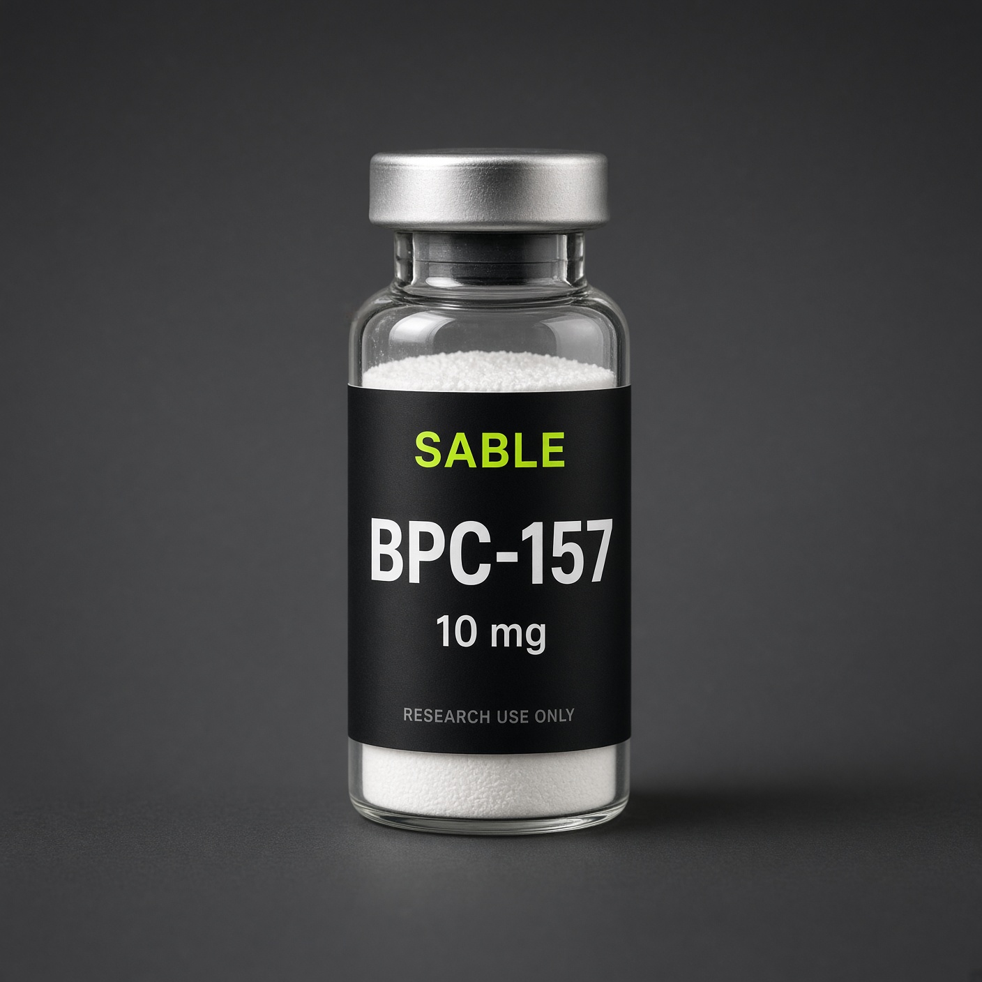 BPC-157, Sable Peptides vial photograph, 10 mg. Pack shot, not a released lot.