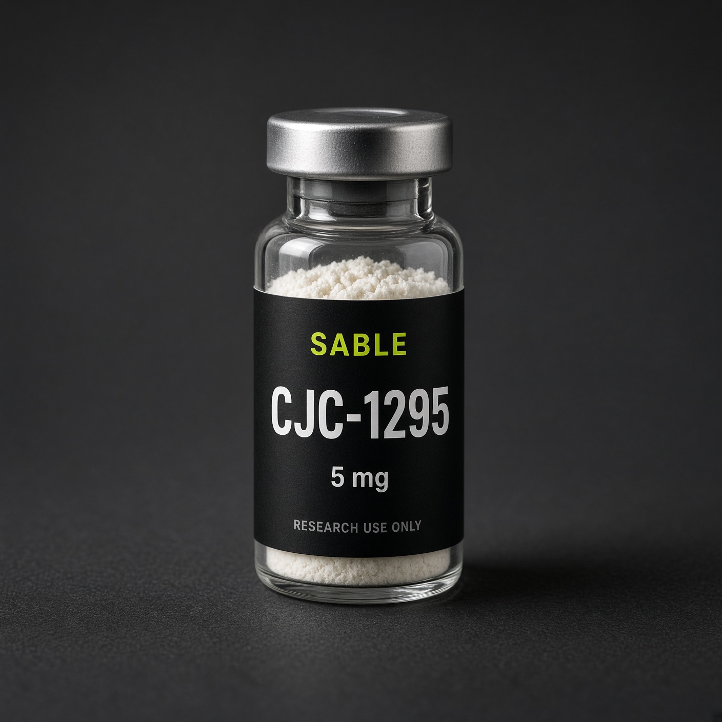 CJC-1295, no DAC, Sable Peptides vial photograph, 5 mg. Pack shot, not a released lot.