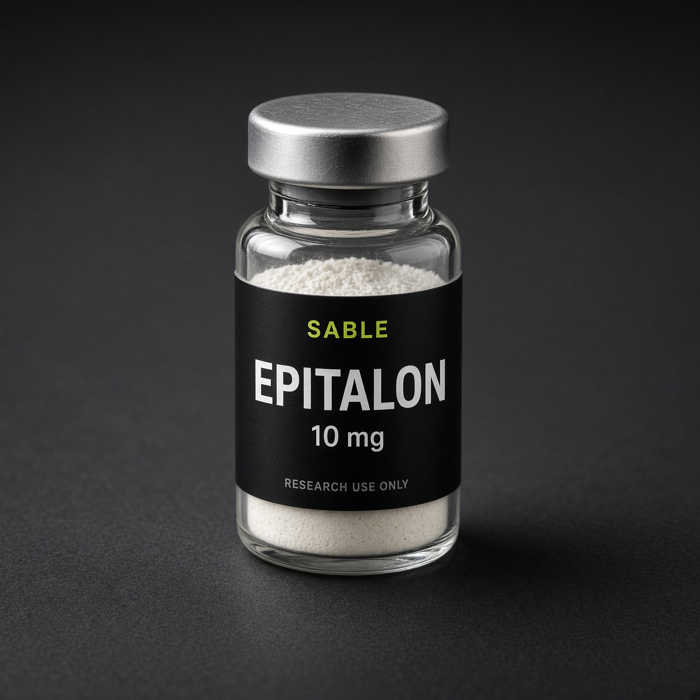 Epitalon, Sable Peptides vial photograph, 10 mg. Pack shot, not a released lot.