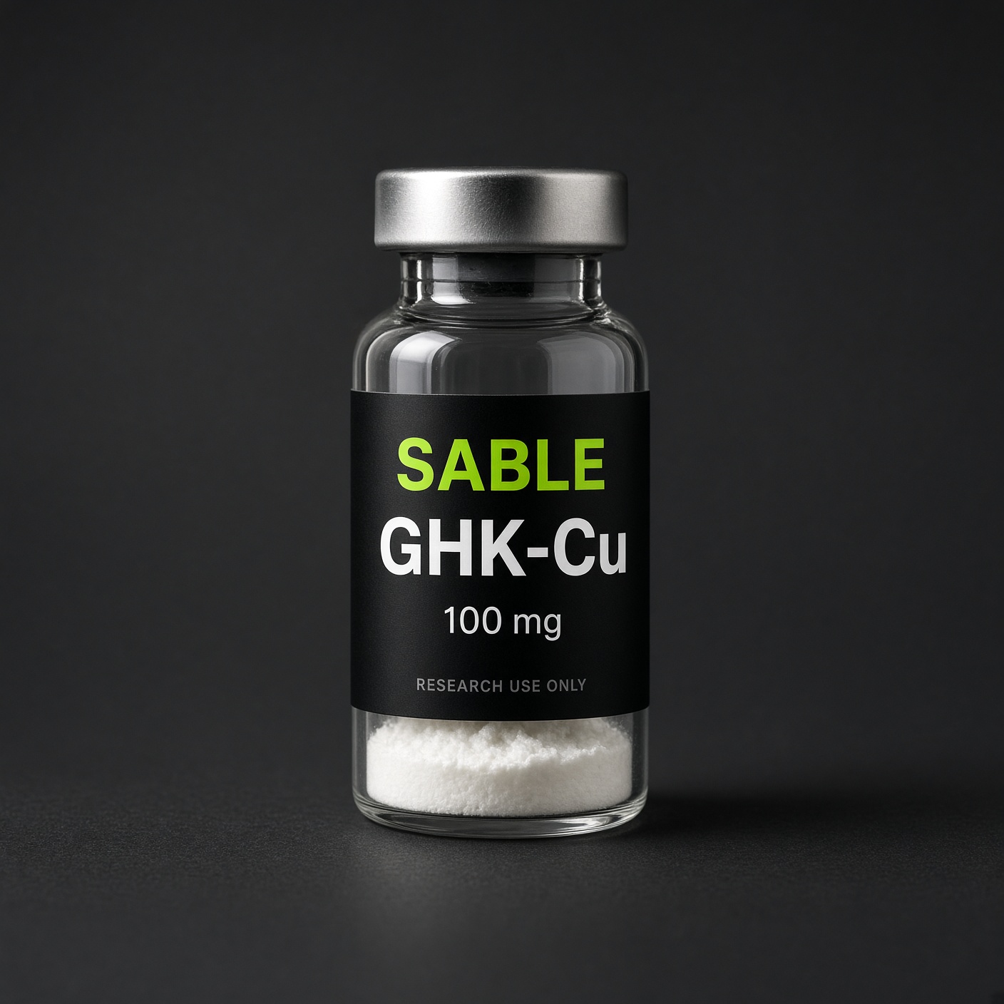GHK-Cu, Sable Peptides vial photograph, 100 mg. Pack shot, not a released lot.