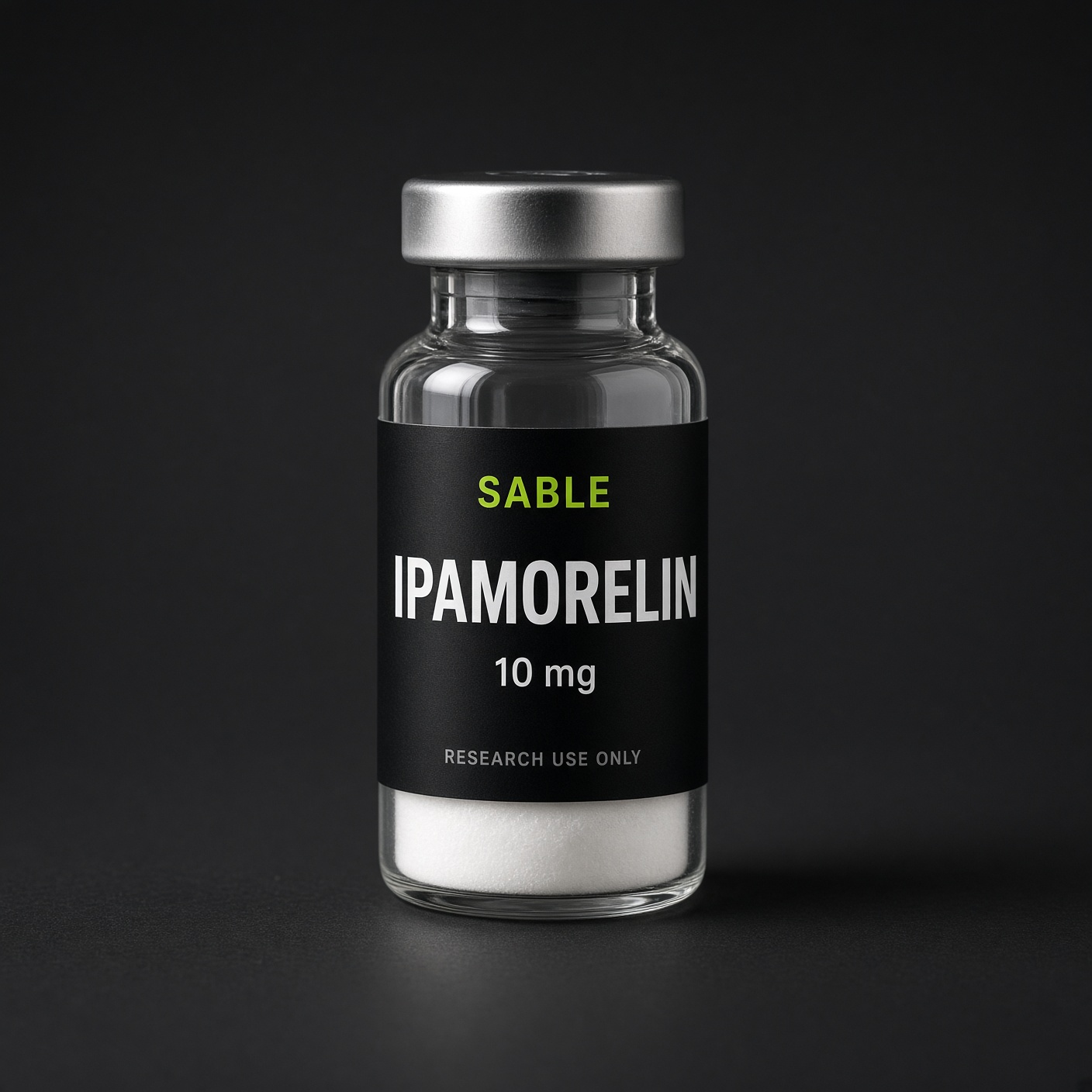 Ipamorelin, Sable Peptides vial photograph, 10 mg. Pack shot, not a released lot.