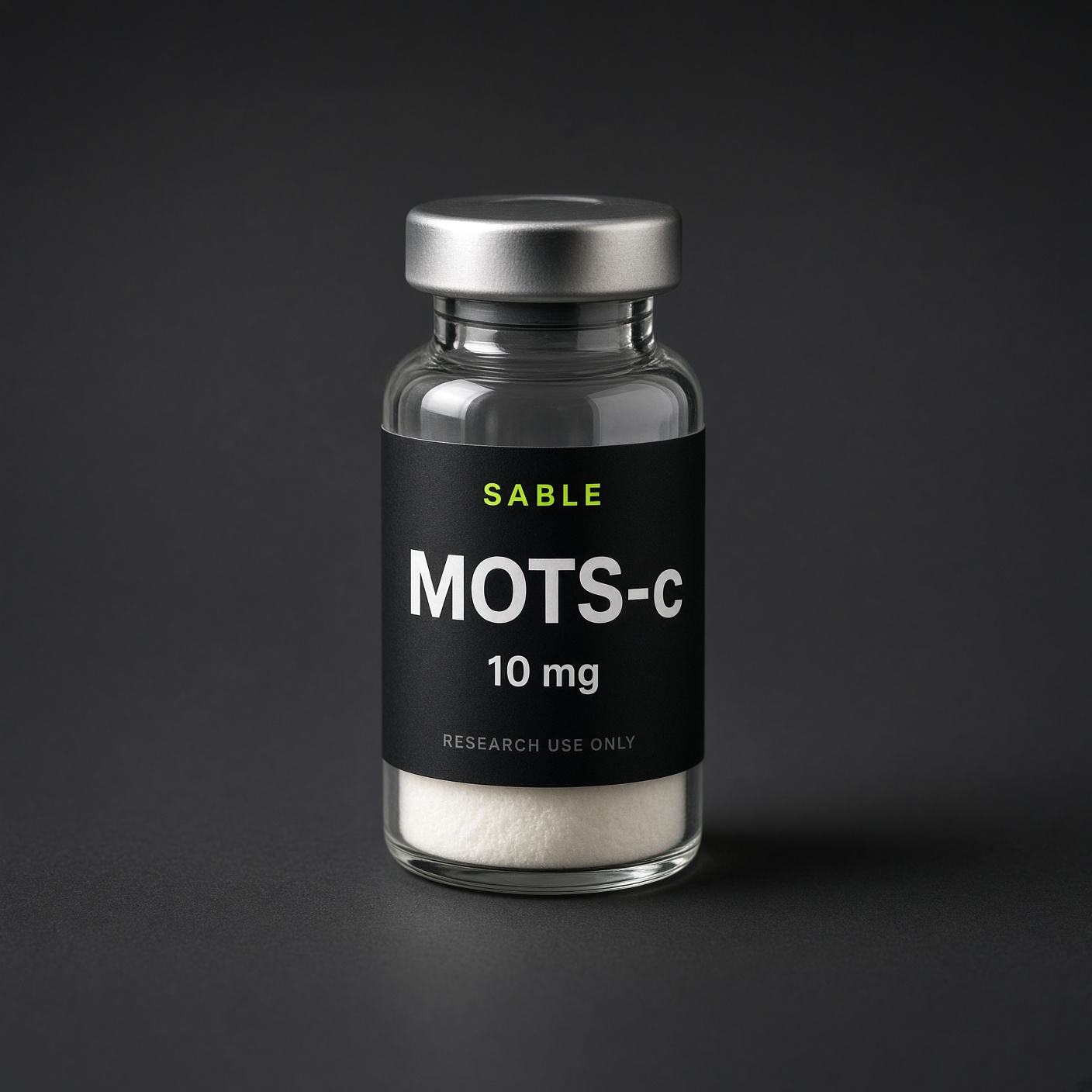 MOTS-c, Sable Peptides vial photograph, 10 mg. Pack shot, not a released lot.