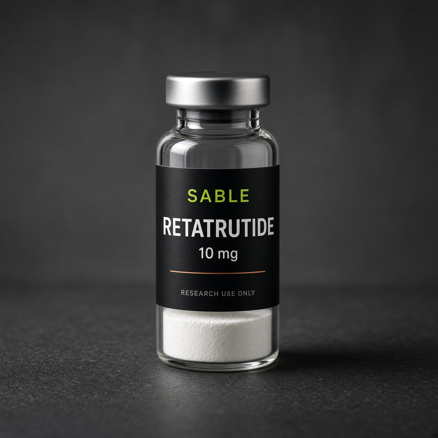 Retatrutide, Sable Peptides vial photograph, 10 mg. Pack shot, not a released lot.