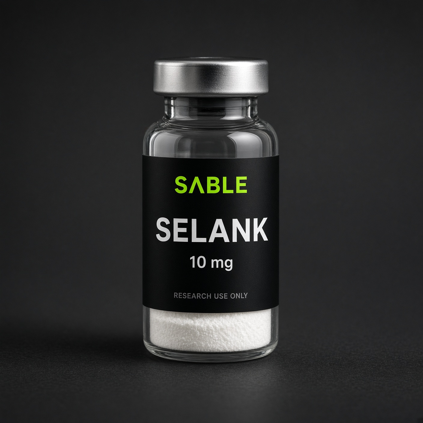 Selank, Sable Peptides vial photograph, 10 mg. Pack shot, not a released lot.