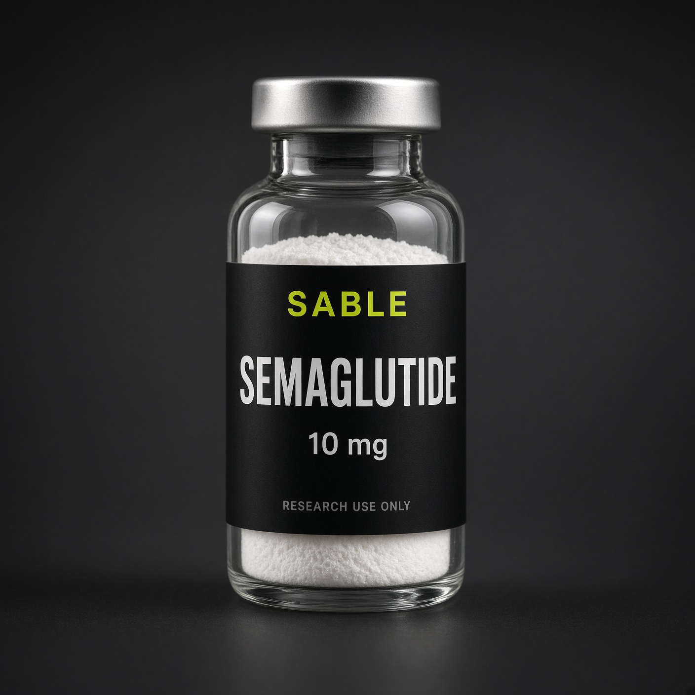 Semaglutide, Sable Peptides vial photograph, 10 mg. Pack shot, not a released lot.