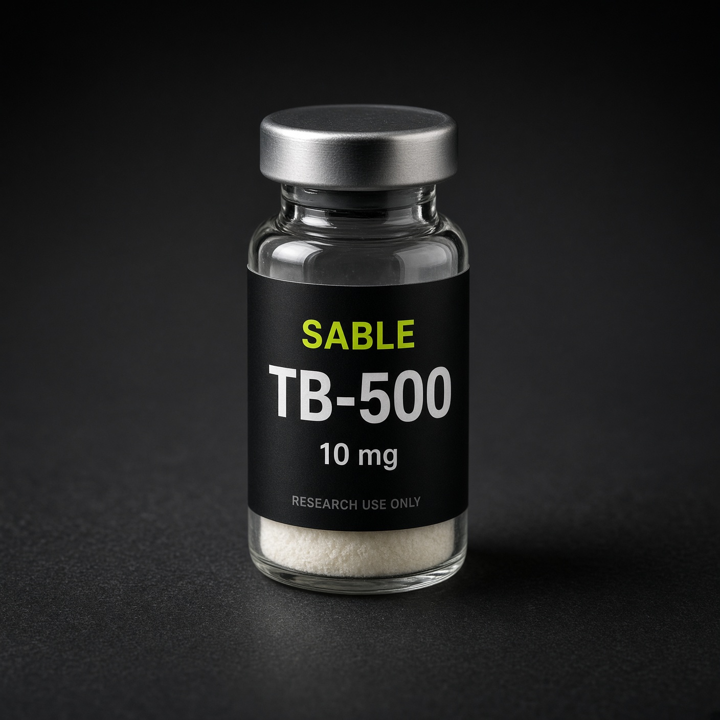 TB-500, Sable Peptides vial photograph, 10 mg. Pack shot, not a released lot.
