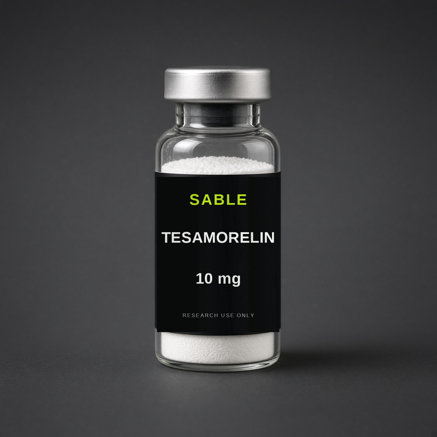 Tesamorelin, Sable Peptides label on a shared vial photograph, 10 mg. Not a separate lot.