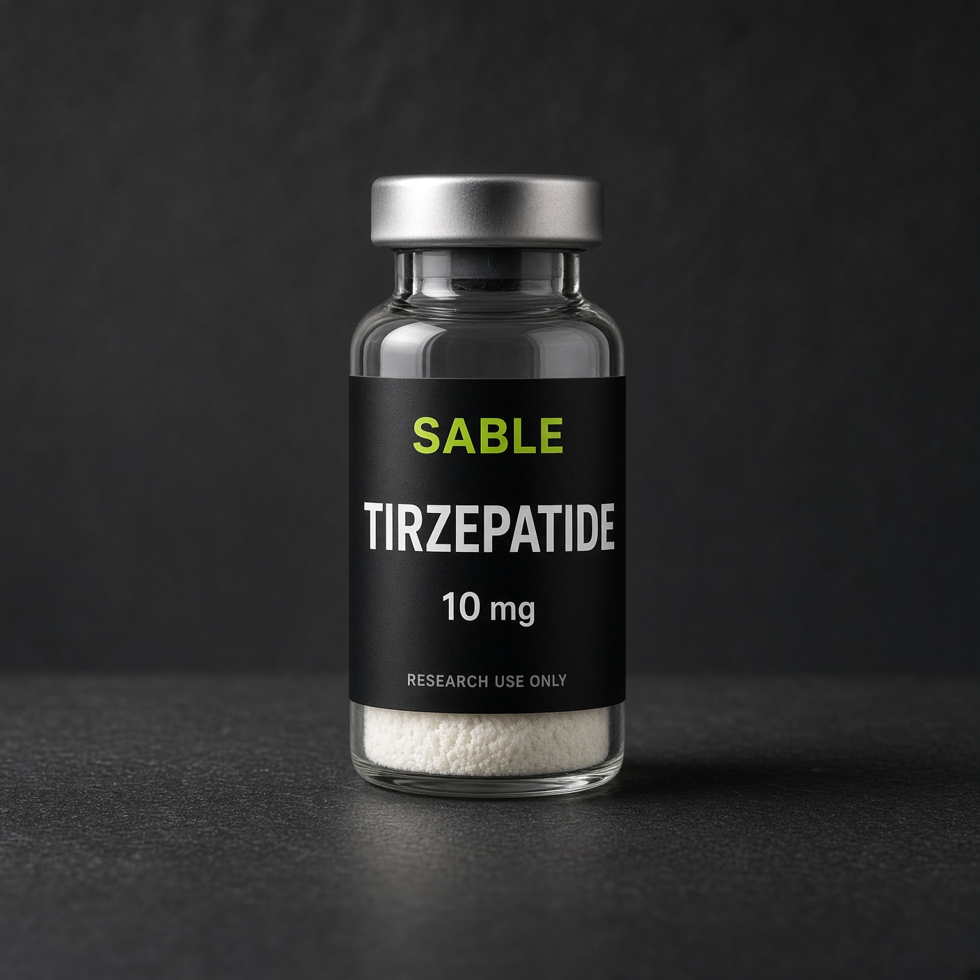 Tirzepatide, Sable Peptides vial photograph, 10 mg. Pack shot, not a released lot.